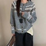 Fair Isle Sweater Cardigan Women Long Sleeve Button-Up Crewneck Knitted Jacket Cardi Female Knitwear Fall Winter Vintage Outfit