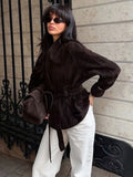 Elegant Women's Belt Suede Jackets Lace Up Lapel One Button Long Sleeve Coat 2025 Autumn Lady Vintage Loose Street Outwearrs