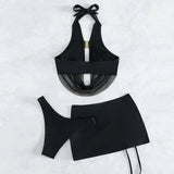 3 Piece Solid Halter Bikini Women Sexy Swimsuit & Beach Skirt Black Swimwear Bathers Bathing Swimming Suit Female Beachwear