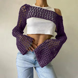 Pbong  New Harajuku Grunge Solid Slash Neck Women Crop Pullovers Y2k Aesthetic Knitted Sexy Sweaters Streetwear Hollow Out Autumn Tops