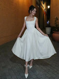 Women's Elegant Solid High Waist Pleated Long Dress Fashion Square Neck Sleeveless A-line Dresses Vocation Beach Streetwear