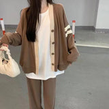 Varsity Cardigan Sweater for Women Long Sleeve V-Neck Button-up Knit Slouchy Cardi Korean School-girl Preppy Fall Winter Outfit