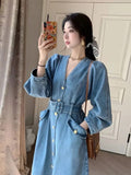 Dresses for Women Autumn V-Neck Temperament Cowboy Dresses LOOSE Solid Robe Korean Fashion Versatile A-line Long Dress
