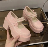 Pbong  Pink Thick Bottom Mary Jane Shoes Women Autumn New Sweet Pumps Fashion Pearl Retro Thick High Heel Loafers Women's Shoes