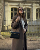 Women Elegant Shoulder Pad Wool Blend Overcoat Brown Lapel Single-breasted Long Sleeve Coat 2025 Autumn Lady Commuter Outerwear
