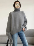 Lazy Wind Grey Turtleneck Sweaters Women Vintage Loose Knitted Pullovers Streetwear Retro Harajuku Long Sleeve Simple Tops
