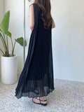 Dress for Women Vintage Dress Women Round Neck Sleeveless Pleated Dresses Female Korean Solid Slimming Lace Up Long Dresses