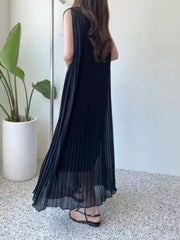 Dress for Women Vintage Dress Women Round Neck Sleeveless Pleated Dresses Female Korean Solid Slimming Lace Up Long Dresses