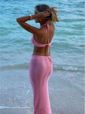 Hollow Knitt 3D Flower Bras + Long Skirts Pink Vacation Beach Women Sets Bikini Swimsuit Sexy Fashion Transparent Cover-ups 2025