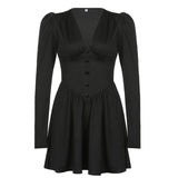 V-Neck Long Sleeve Pleated Party Dress