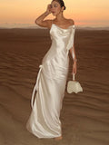 Elegant White Satin Backless Maxi Dress For Women Sexy Bodycon Sleeveless Tassels Pleated Long Dresses Vocation Beach Party Robe