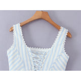 Pbong  Lace Spliced Striped Corset Camis Women Cross Lacing Up Bandage Back  Square Neck Summer Tank Top Slim Fit Crop Top