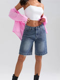 Women's Knee Length Denim Shorts Mid Rise Baggy Jean Short Pants with Pockets for Summer