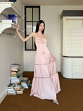 Pink Satin Backless Maxi Dress For Woman Shirring Beading A Line Long Tube Dress 2025 Summer Vacation Clothes