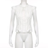 y2k White Crop Top Button Ruffle Trim Tie up Short Sleeve T Shirt Women Fairycore Balletcore Chic Tee Summer Korean 90s Clothes