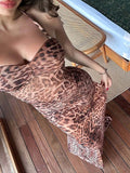 Leopard Print Backless Sexy Maxi Dress For Women Gown Halter Off-shoulder Sleeveless Bodycon Beach Long Dress Vestido