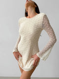Apricot Sexy Slim Fit Round Neck Lace Up Jacquard Short Dress Fashion Chic Flare Sleeve Backless Sexy Women Dress 2025 New