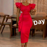 Pbong  Elegant Pure Color African Style Wrap Dress New Fashionable Transoceanic Dress with Lace Trim Elegant African Dress