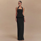 Backless Sexy 2 Piece Sets Women Solid Square Collar Halter Tops And Long Skirt Female Slim Fit Club Two Piece Sets
