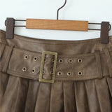 Korean Fashion Faux Leather Skirts For Woman Mini Skirts Low Waist Summer Vintage PU Leather Pleated Skirt With Belt Brown