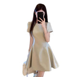 Pbong  Summer Hepburn Style Green Short Sleeve Dress Women's Fashion Slimming Short Skirt High Waist A-Line Dress Commute Style