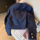 Women's Short Jacket 2025 Spring Autumn Navy Blue Fashion Lady Outerwear Temperament Long Sleeve Ladies Small Fragrant Coat