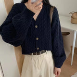 Cable Knit Cardigan for Women Long Sleeve Button-up Box-fit Crop Sweater Jacket Autumn Winter Teen-girl Y2K 90s Outfit