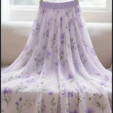 Purple Floral Chiffon Long Skirt Women High Waist Sweet Vintage Elegant Skirts Korean Casual Summer Soft Retro Long Skirts