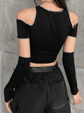 Goth Dark E-girl Style Patchwork Black T-shirts Gothic Open Shoulder Sleeve Y2k Crop Tops Ruffles Hem Hip Hop Techwear Women Tee