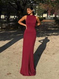 Half High Neck Sleeveless Tight Winered Long Dress Pit Stripe Knitting Women Dress 2025 New Fashion Summer Spring Clothing