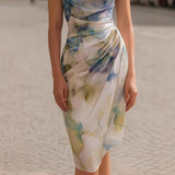 Pbong  Sexy Bodycon Midi Dress Women Summer Fashion Short Sleeve Floral Print Slim Dresses Elegant