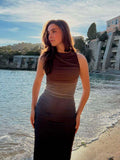 Women's Breathable Bodycon Maxi Dress Sleeveless Round Neck Gradient Print Ruched Tank Women's Clothing Dresses Beachwear
