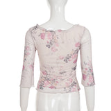 Pbong  Casual Floral Printed Mesh T-Shirt Holiday Slim Square Collar Half Sleeve Tees Women Spring Summer Fashion Streetwear Lady