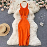 Pbong  Sexy Waistless Knitted SLing Dresses for Summer Women's Dress New Korean V-neck sleeveless Midi wrap buttocks split dress
