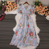 Pbong  Romantic Floral Print Chiffon Maxi Dress Women Sexy V-neck Backless Beach Vestidos Elegant Elastic Waist Party Dress