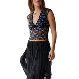 Sheer Crop Top 2000s Women Sexy See Through V Neck Sleeveless Floral Lace Tanks Slim Fit Vest y2k Aesthetic Clothing