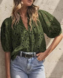 Pbong  Fashionable Casual Lace Embroidery Women's Shirt V-Neck Button Hollow out Lantern Sleeve Summer Top Cross-Border Clothing