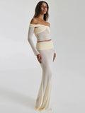 Fashion Skirt Two Piece Set For Women Off-shoulder Sheer Long Sleeve Crop Tops And Long Skirt Sexy Two Piece Sets