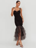 Mesh Backless Sexy Maxi Dress For Women Gown Two Layer Spaghetti Strap Sleeveless Ruched Bodycon Club Party Dress
