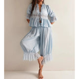 Pbong  Women 2Piece Chic Floral Lace Sheer Patchwork Outfits Set Tie Front Ruffle Hem Babydoll Shirt Top+Drawstring Blommers