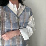 Checked Sweater Vest for Women Ovesized V-neck Sleeveless Pullover Knitted Vest Top Fall Winter Preppy Casual Chic Outfit