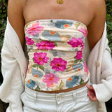 Floral Pattern Tube Top Bandeau y2K Coquette Folds Strapless Crop Top Fairy Sexy Backless Slim Fit Vest Women Boho Beach Clothes