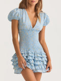 Pbong  GypsyLady Floral Printed Chic Boho Mini Dresss Cotton V-neck Ruffles Blue Holiday Women Tiered Ladies Party Dresses Vestidos New