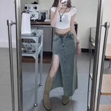 Pbong  High Waist Denim Mini Skirt Women's Slimming A- Line Long Skirt Side Slit Vintage Artistic Elegant Cotton Polyester Blend