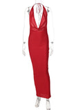 V-Neck Satin Slim Vestidos For Women Red Halter Backless Sexy Evening Party Clubwear Dresses Ladies Bodycon Maxi Dress