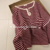 Pbong  Fresh Autumn New Loose round Neck Long Sleeve Knitted Sweater Women's Lazy Style Stripe Base Layer Sweater Versatile Top Women
