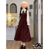 Pbong  Single Piece School Style Japanese Plaid Strap Dress Women Student Waist Cinching Slimming Midi Length Overalls Skirt Set