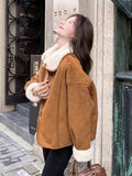 Y2K Faux Lamb Suede Jacket Women Warm Winter Streetwear Retro Coat Korean Casual Loose Long Sleeve Single Breasted Outwear