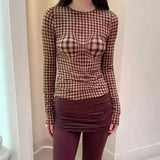Retro Plaid Crop Tops Long Sleeve Y2k Vintage T Shirt Women Push Up Tee Tops Fairycore 2000s Japanese Grunge Tops Tee