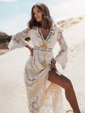 Boho Long Dress Women Summer Lace V Neck Flare Sleeve Sexy Maxi Dress Lady Holiday Party Beach Wedding Dresses Vestidos De Mujer